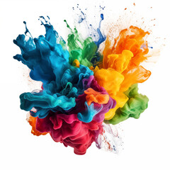 Multi-colored bright splashes of paint frozen in the air convey the essence of creativity in motion on a white background. Generative AI