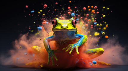 Fototapeta na wymiar Frog in colorful powder paint explosion, dynamic