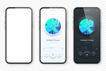 Online audio player user interface, smartphone app UI design. Music, media streaming and listening platform. Responsive mobile application. Neumorphism, neumorphic style. Vector illustration.
