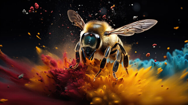 Bumblebee in colorful powder paint explosion, dynamic