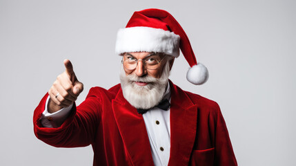 Man with a white beard, point with his finger to the side and wearing a Santa hat radiating festive joy and Christmas spirit.