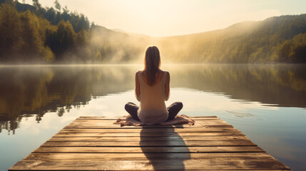 Woman meditating on a wooden pier overlooking a lake