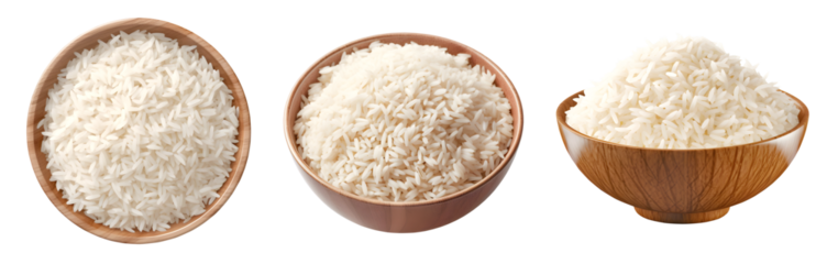Bowl of white jasmine rice, top side front view on transparent background cutout, PNG file. Mockup template for artwork design.. perspective positions many different angle
