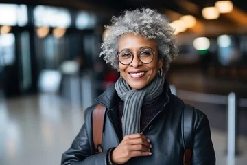 Photo sur Plexiglas Ancien avion Smiley middle aged African American woman exiting the airport. Waiting for a taxi. She flew back from vacation and is full of energy. She is smiling and looking at camera.