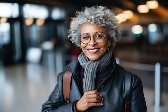 Smiley middle aged African American woman exiting the airport. Waiting for a taxi. She flew back from vacation and is full of energy. She is smiling and looking at camera.