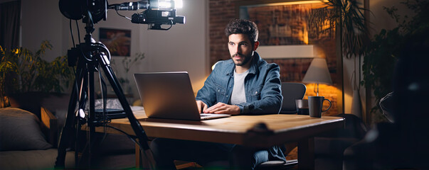 Man podcaster making interview for radio podcast. bradcasting concept. copy space for text.