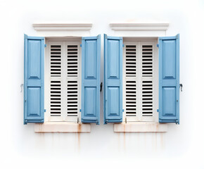 Two Aged Windows with Light Blue Shutters in a Mediterranean Minimalist Style Against a White Wall