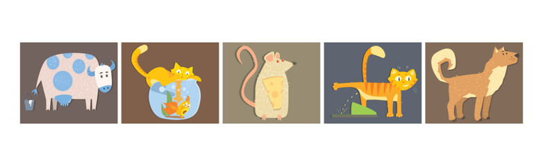 Funny Pets with Action and Emotion Vector Set