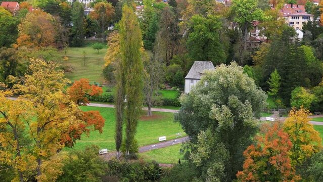 Perfect aerial top view flight drone Weimar garden house goethe park german fall