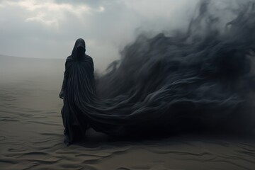 the scary black ghost flowing like an ash moving through lifeless desert, conceptual illustration - obrazy, fototapety, plakaty