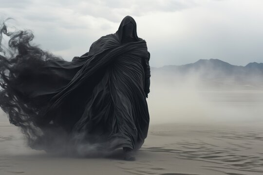 the scary black ghost flowing like an ash moving through lifeless desert, conceptual illustration