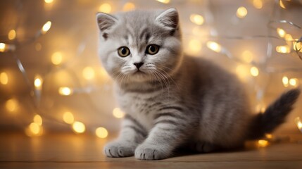 Cute little british shorthair kitten playing with christmas fairy lights