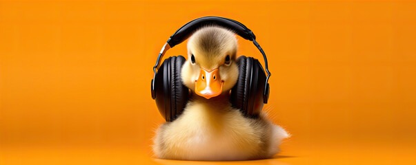 Little cute yellow duck wearing headphones on orange background.