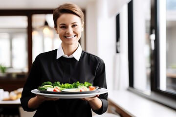Smiling Waitress Serving a Delicious Salad at a Restaurant with Professionalism