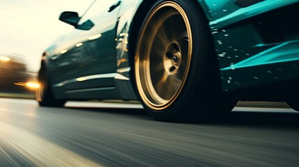 Extreme macro shot of sports car riding on Highway road, fast motion