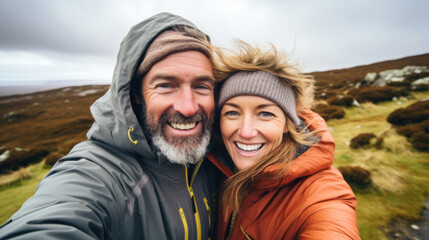 Happy traveling couple making selfie mountains background, sunny summer colors, romantic mood. Happy laughing emotional faces. - obrazy, fototapety, plakaty