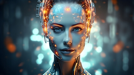 Beautiful female robot with artificial intelligence - obrazy, fototapety, plakaty