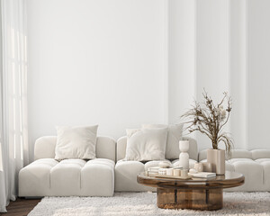 Fototapeta na wymiar Living room wall mockup. Cozy interior house background. Modern apartment interior design. 3D render