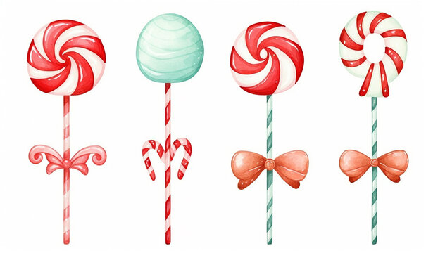 Set of cartoon aquarel Christmas candy canes for greeting card or stickers