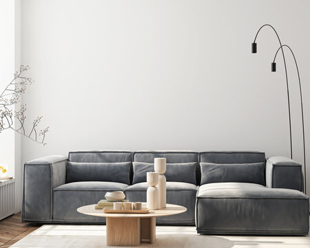 Living room wall mockup. Cozy interior house background. Modern apartment interior design. 3D render