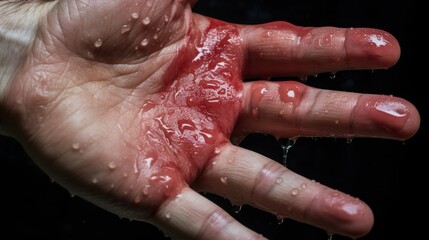 Wet hand from sweat syndrome due to hyperhidrosis. Isolated on dark background - obrazy, fototapety, plakaty
