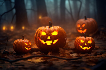 The photo shoot of a carving pumpkin lantern or halloween jack o lantern on a ground covered with brown and orange autumn leaves in a forest with bokeh light background. Generative AI.