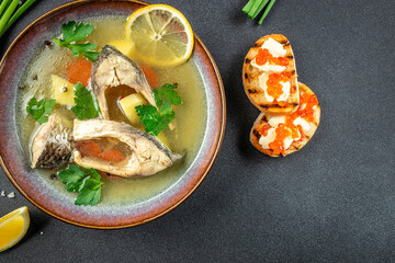 fish soup Ukha on a dark background. top view. copy space for text