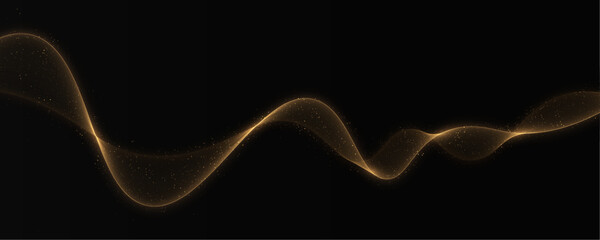 Gold glitter abstract waves on a black background. Glowing dust trail. Abstract motion. Magic lines.