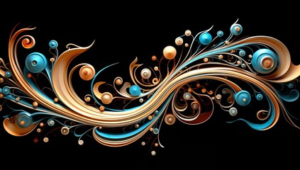 Abstract image featuring vibrant curved lines and circular elements in warm gold tones and cool shades of blue on a black background.