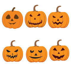 Halloween pumpkins. Orange pumpkin jack lantern characters. Spooky and angry smile carved faces for autumn holiday greeting card vector drawing collection cute  silhouette set