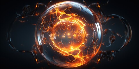 A vibrant fireball contained within a clear glass spherical vessel against a dark background with splashing droplets and shards of glass. Banner