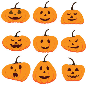 Halloween pumpkins. Orange pumpkin jack lantern characters. Spooky and angry smile carved faces for autumn holiday greeting card vector drawing collection cute  silhouette set