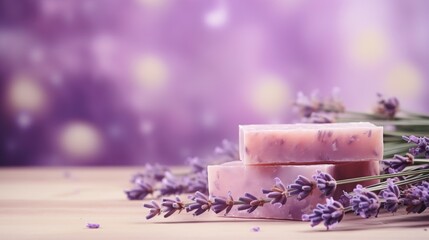Professional Macro of Lillac Soap Bard of Lavender Surrounded by Flowers of the same Flower on a Simple Table in a Purple Room.
