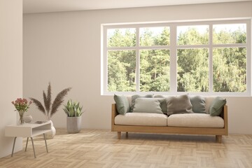 White living room with sofa and summer landscape in window. Scandinavian interior design. 3D illustration