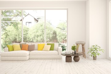Bright interior design with modern furniture and summer landscape in window. 3D illustration