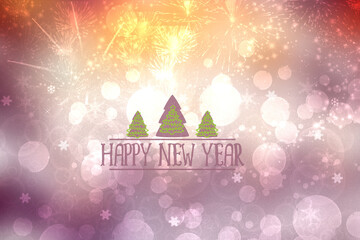 Merry Christmas and Happy New Year 2024 card background texture design with abstract blurred festive pink and yellow bokeh lighted stars and sylvester fireworks. - obrazy, fototapety, plakaty