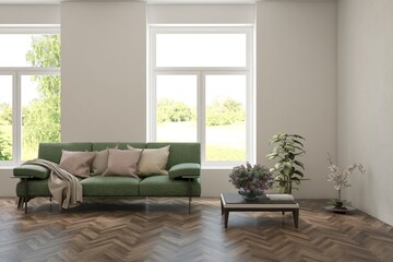 Modern interior concept with sofa and summer landscape in window. 3D illustration