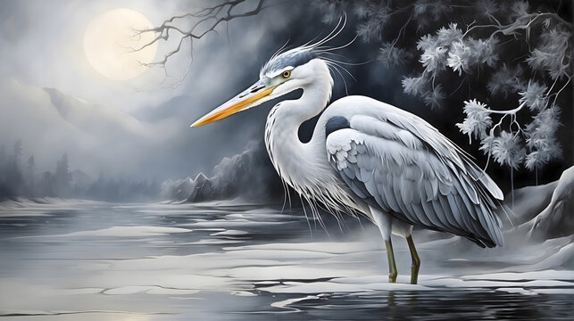 Majestic blue heron wades in icy waters beneath the winter moon's glow.