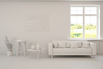 Grey living room concept with sofa and summer landscape in window. Scandinavian interior design. 3D illustration