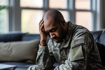 Obraz premium Post-traumatic syndrome and therapy. Veteran at an appointment with a psychologist. An African American soldier communicates with a psychotherapist. Lift a person out of depression.