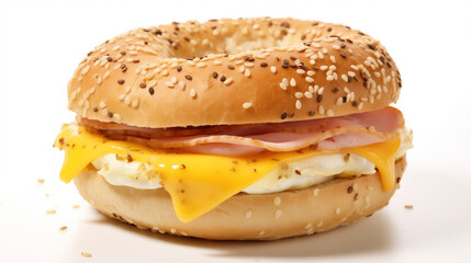 Ham Egg and Cheese on an Everything Bagel on Isolated White Background