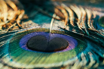 Vibrant close-up shot of a peacock feather, featuring its mesmerizing colors and intricate design
