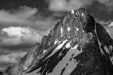 View of a snow-capped mountain in black and white