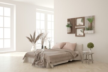 White bedroom concept. Scandinavian interior design. 3D illustration