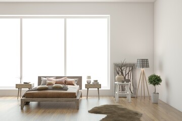 White bedroom concept. Scandinavian interior design. 3D illustration