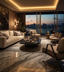A Photo of a Luxurious CLeand and Breathtaking Apartment Overlooking the City in Late Evening.