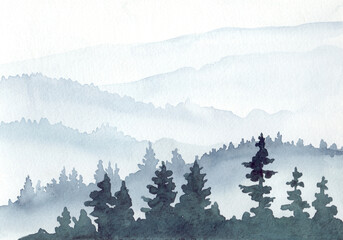 Watercolor landscape with mountains and pine trees in blue tones.