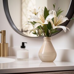 Professional Photo of a White Themed Bathroom Shelf With a Big Wound Mirror on top.