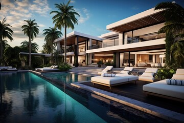 Professional Photo of a Luxurius and Modern Villa with a Huge Pool having a Landscape of the Territory. Picture of a Contemporary House during Sunset. Expensive House.