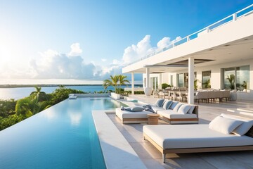 Fototapeta premium Professional Photo of a Luxurius and Modern Villa with a Huge Pool having a Landscape of the Territory. Picture of a Contemporary House during Sunset. Expensive House.